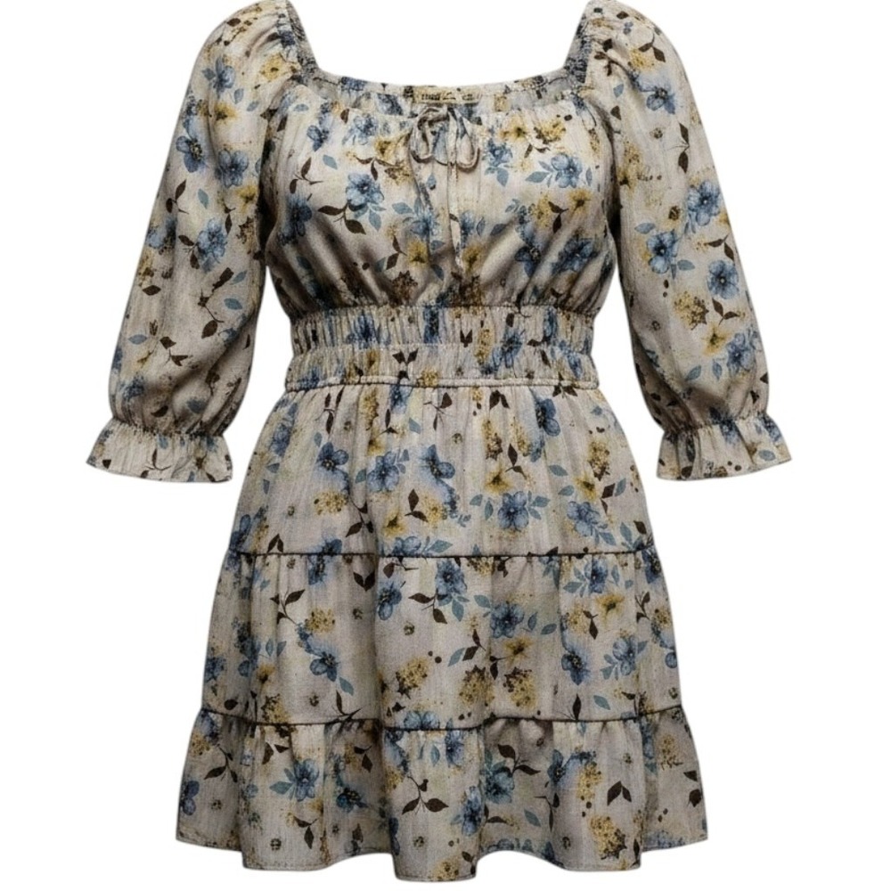 Liber Love Women XL Floral Boho Mini Dress Cream Blue Yellow Smocked Tiered Puff